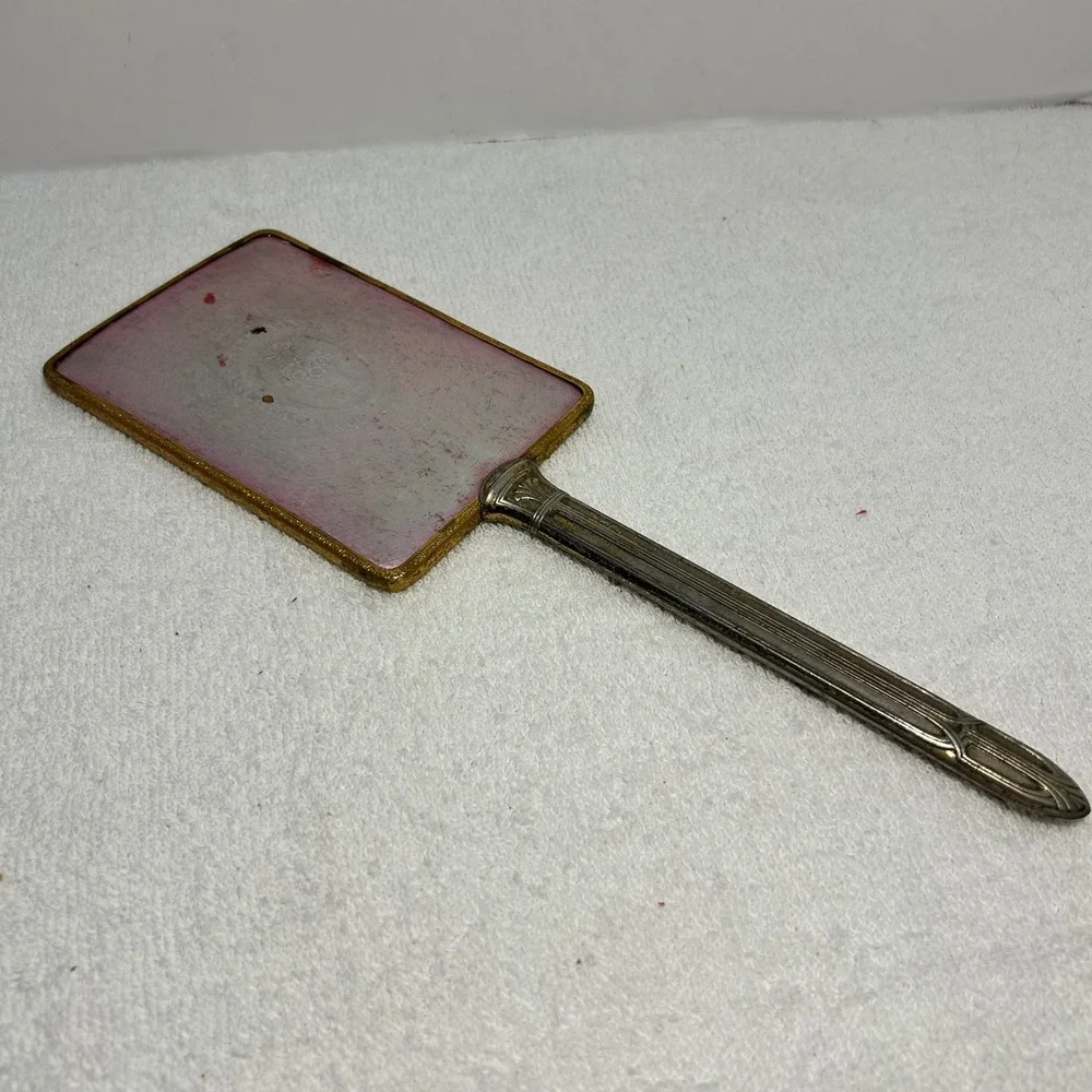 Vintage Art Deco Pink Guilloche Enamel Hand Mirror Flower Basket Beveled Glass
